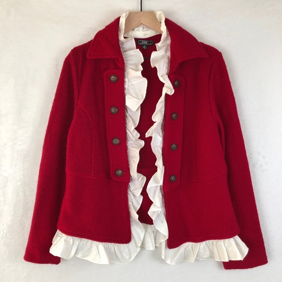 VTG LISA INTERNATIONAL Boiled Wool Jacket Sz M Red Military Removable Ruffle - Picture 2 of 10